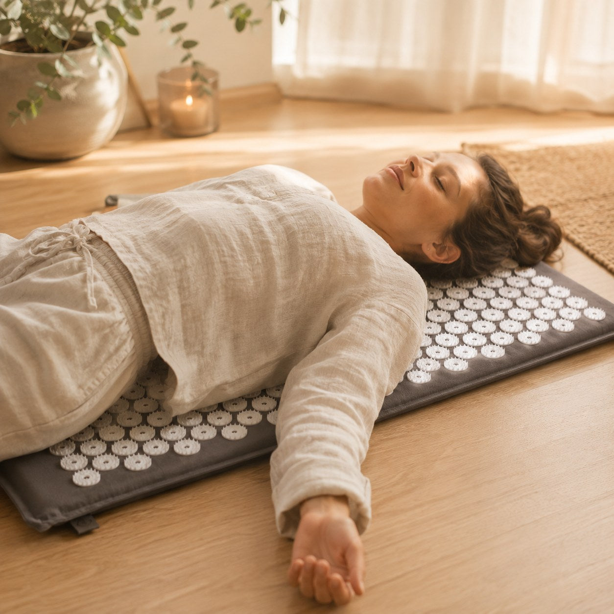 Woman lying on a SOMA acupressure mat